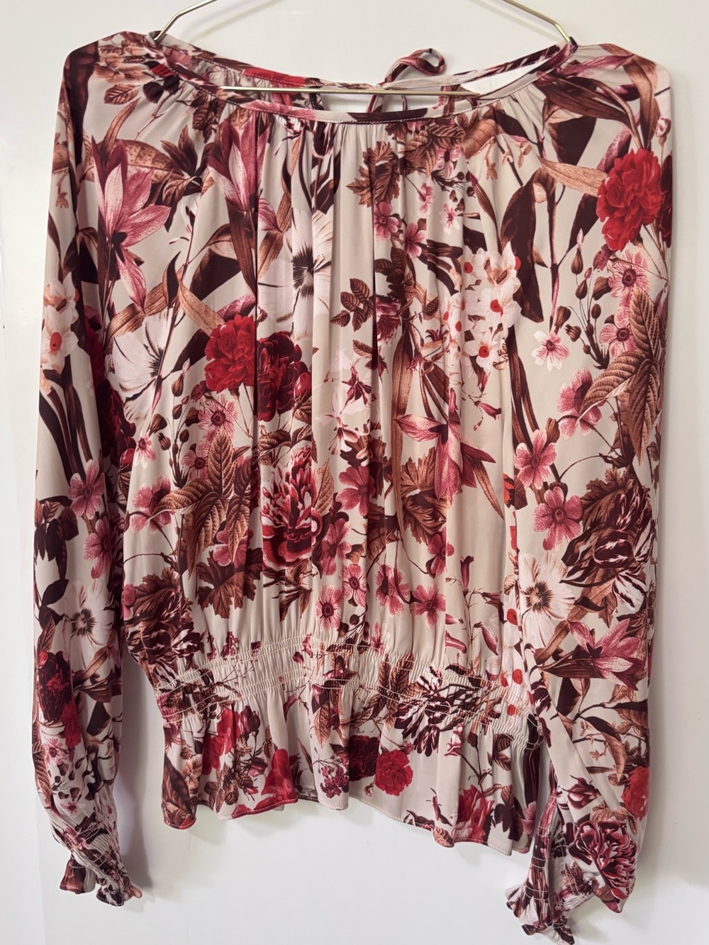 H&M| Cream Satin Long Sleeve Blouse with Feminine Red & Brown Floral Print Sz 6